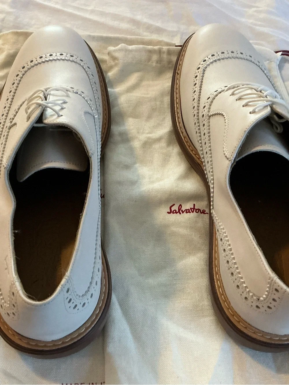 Salvatore Ferragamo White Leather Wingtip Oxfords